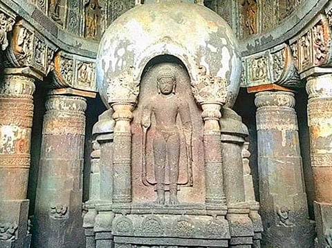 Interiors of one of the caves in Ajanta