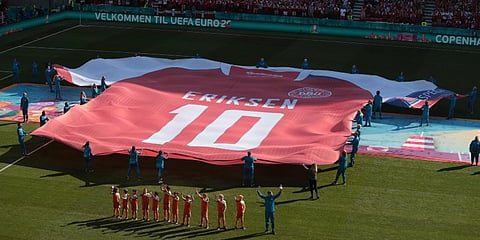 A giant jersey in support of Danish player Christian Eriksen is displayed ahead of the Euro 2020 group B match between Denmark and Belgium at the Parken Stadium in Copenhagen. (Photo | AP)