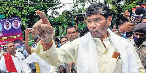 LJP Hajipur’s MP Pashupati Kumar Paras arrives to attend the party’s parliamentary committee meeting in Patna. (Photo | PTI)