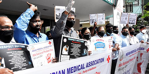 IMA members staged a protest on violence against them on National protest day in Tirupati. (Photo| Madhav K, EPS)