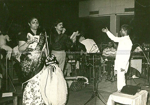 Playback singer S Janaki with Ilaiyaraaja during a music programme. 