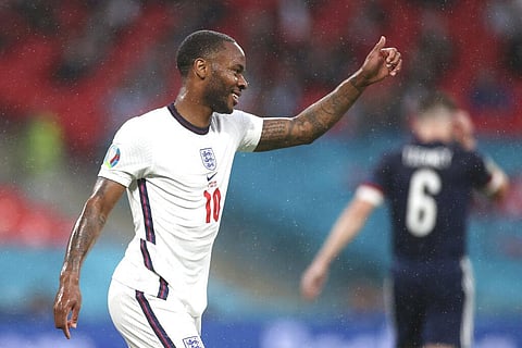 England's Raheem Sterling fives his thumb up during the Euro 2020 soccer championship group D match between England and Scotland (Photo | AP)