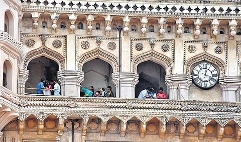 Visitors at the upper portion Charminar after it was reopened  on Sunday | RVK Rao