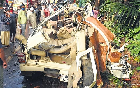The mangled remains of the SUV that collided with the lorry near Ramanattukara on Monday | Express