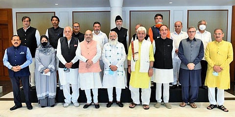 PM Narendra Modi, Home Minister Amit Shah, J&K Lt Guv Manoj Sinha, PDP leader Mehbooba Mufti, National Conference Chief Farooq Abdullah, Congress leader Ghulam Nabi Azad. (Photo | ANI)
