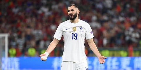 France's Karim Benzema gestures during the Euro 2020 soccer championship group F match between Portugal and France at the Puskas Arena in Budapest. (Photo | AP)