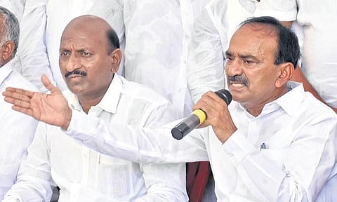 Eatala Rajender addresses a press meet to announce his decision to resign as an MLA and quit the TRS, at Shameerpet in Hyderabad. 