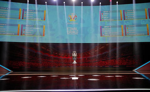 A view of the Euro 2020 trophy during the draw for the UEFA Euro 2020 soccer tournament finals in Bucharest, Romania. 