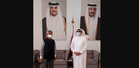 EAM S Jaishankar with  Qatari NSA Mohamed Bin Ahmed Al Mesned (Photo | S Jaishankar, Twitter)