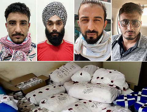 Combo picture of 4 accused namely Gurjot Singh, Gurpreet Singh, Rizwan Kashmiri, and Hazart Ali arrested by Delhi Police in and seized 354 kg of heroin in New Delhi on Saturday. (Photo | ANI)