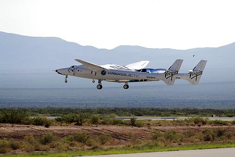 The rocket plane carrying Virgin Galactic founder Richard Branson and other crew members takes off from Spaceport America near Truth or Consequences, New Mexico. (Photo | AP)