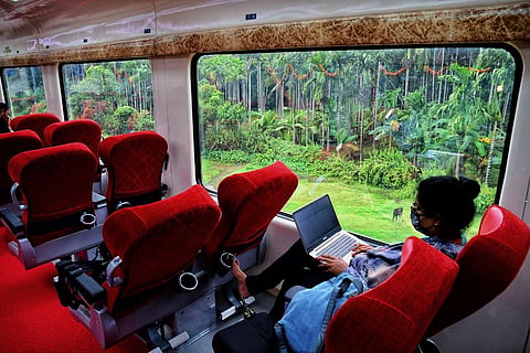 The seats in each Vistadome coach can rotate 180 degrees and they have large and wide windows which offer a clear view of the landscape outside. (Photo| Shriram BN, EPS)