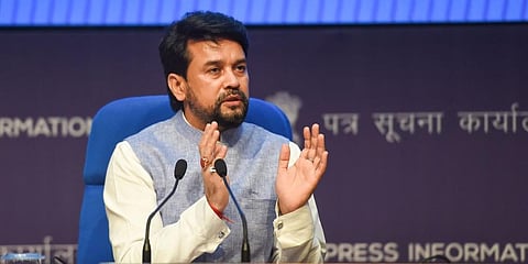 Union Minister Anurag Thakur briefs the press on Cabinet decisions, at the National Media Centre in New Delhi. (Photo | PTI)