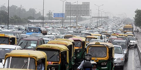 Vehicles stuck in a traffic jam at NH9 after rain in New Delhi. (Photo| Parveen Negi, EPS)