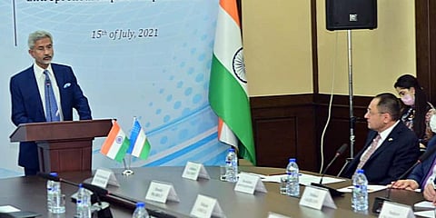 External Affairs Minister Dr. S. Jaishankar addresses during the inauguration of the IT room of India-Uzbekistan Entrepreneurship Development Centre. (Photo | ANI)