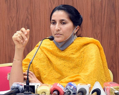 Athlete Mayookha Johny addressing media persons at Thrissur Press Club (File photo | Express)