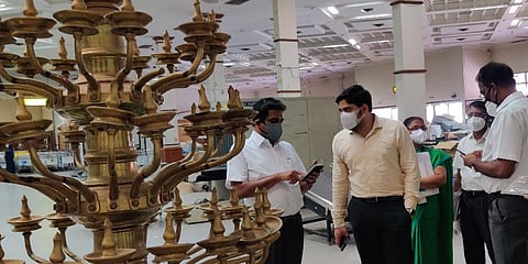 S Suhas IAS, managing director, CIAL reviews the conversion plan of the unused Terminal-2 along with ACK Nair, airport director and AM Shabeer Executive Director. (Photo | Express)