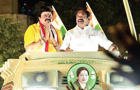 File photo of KT Rajenthra Bhalaji campaigning for votes with ex-CM Edappadi K Palaniswami | Express
