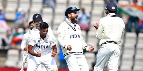 India's Ravichandran Ashwin (L) and teammates celebrate the dismissal of New Zealand's Devon Conway during the sixth day of the WTC final at the Rose Bowl in Southampton. (Photo | AP)