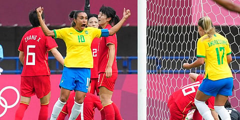 Brazil's Marta (10) celebrates scoring her side's opening goal against China during a women's soccer match at the 2020 Summer Olympics, Wednesday, July 21, 2021, in Rifu, Japan. (Photo | AP)
