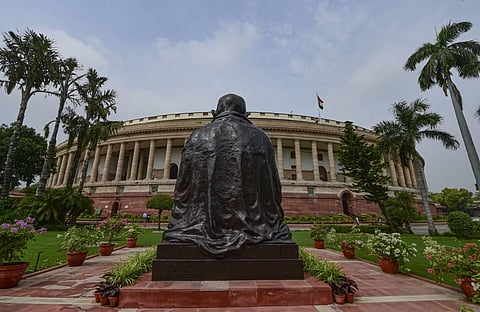 A view of Parliament building during ongoing Monsoon Session, in New Delhi. (Photo | PTI)