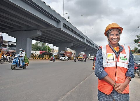 Shivamma, who works for the BSCPL Infrastructure Limited, near the  Balanagar flyover that she inaugurated, in Hyderabad | S Senbagapandiyan