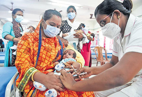Kids below five years being administered the pneumococcal vaccine at Government Children’s Hospital in Egmore on Saturday | R Satish Babu