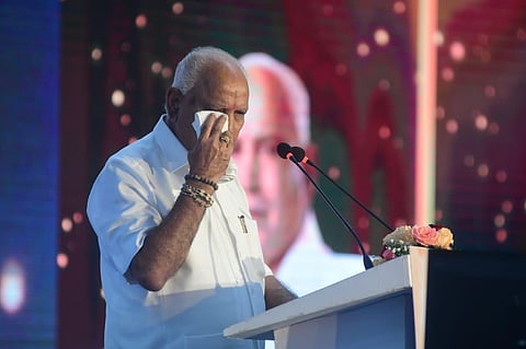 BS Yediyurappa breaks down at Vidhana Soudha after he announced to resign from his post. (Photo | Shriram BN, EPS)