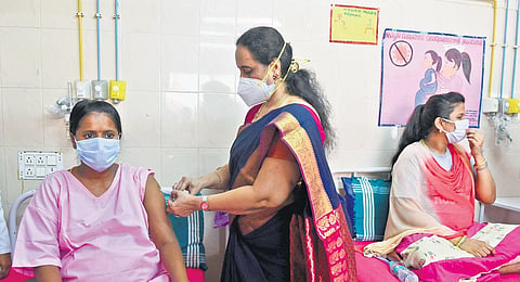 Pregnant women getting  vaccinated at Egmore Children’s Hospital in Chennai on Monday | R Satish Babu