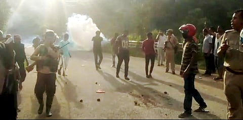 Police personnel during a clash at Assam-Mizoram border at Lailapur in Cachar district, Monday. (Photo | PTI)
