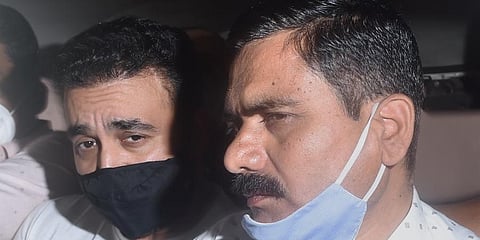 Raj Kundra (L) being taken to the Esplanade Court as he was arrested in the pornography-related case Mumbai, 23 July, 2021. (File Photo | PTI)