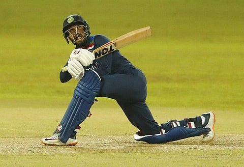 India's Ruturaj Gaikwad watches his shot during the second Twenty20 cricket match between Sri Lanka and India in Colombo. (Photo | AP)