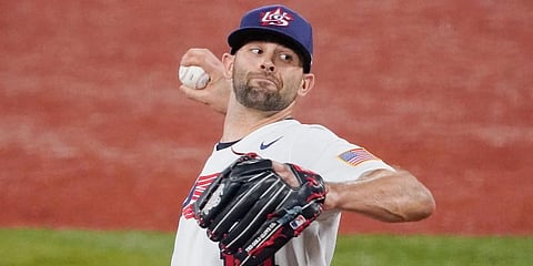 United States' Nicholas Martinez pitches during the first inning of a baseball game against South Korea at the 2020 Summer Olympics in Yokohama, Japan. (Photo | AP)