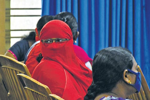 Woman survivors during a press meet on World Day against Trafficking in Persons at Press Club in Vijayawada on Friday (Photo | Express, Prasant Madugula)