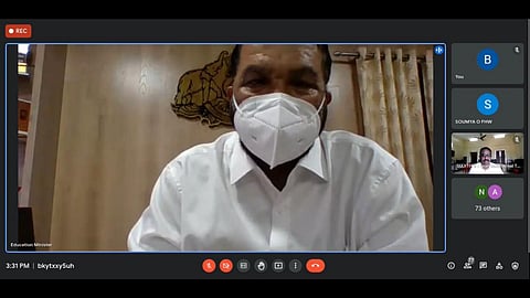 General Education Minister V Sivankutty interacts with students of VHS, Pirappancode, during the online class trial (Photo | Special arrangement)