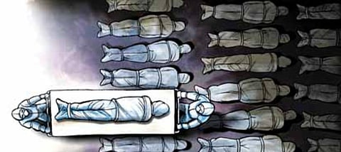 What is even more shocking is that the death certificates issued by MeeSeva in 2021, have touched the 80,000-mark, with 80,631 deaths recorded until July. (Express Illustrations | Amit Bandre)
