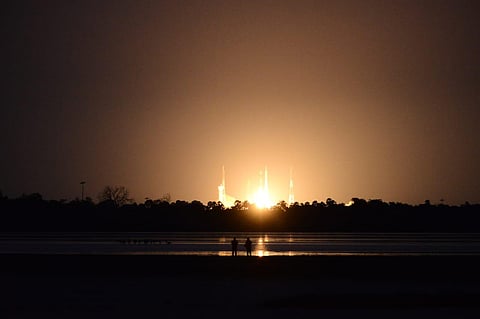 ISRO's earth observation satellite EOS-03 on-board GSLV-F10 blasts off from Sriharikota. (Photo | Debadatta Mallick, EPS)