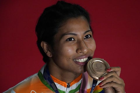 India's Lovlina Borgohain with the bronze medal.  (File Photo | AP)