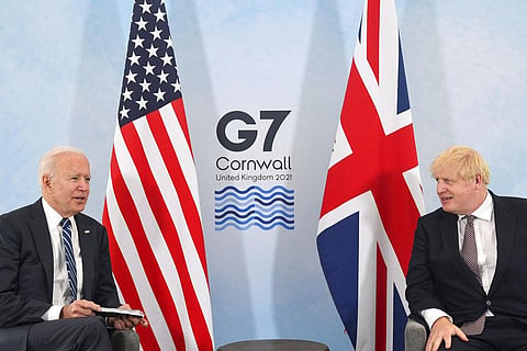 FILE | US President Joe Biden, left, talks with Britain's Prime Minister Boris Johnson, during their meeting ahead of a G7 summit. (Photo | AP)