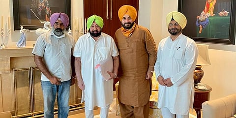 Punjab CM Amarinder Singh and state unit president Navjot Sidhu at an official meeting on Friday. (Photo | Express)