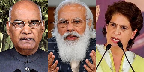 President of India Ram Nath Kovind, PM Narendra Modi and Congress leader Priyanka Gandhi. (File photo| PTI)