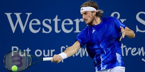 Stefanos Tsitsipas returns to Felix Auger-Aliassime during the Western & Southern Open tennis tournament in Mason, Ohio. (Photo | AP)