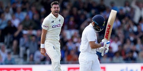 England's James Anderson (L) celebrates the dismissal of India's captain Virat Kohli (R) during the first day of third Test match, at Headingley cricket ground in Leeds. (Photo | AP)