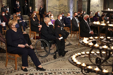German Chancellor Angela Merkel, left, Malu Dreyer, background left, Minister President of Rhineland-Palatinate and others. (Photo | AP)