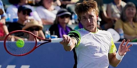 Ilya Ivashka hits to Mikael Ymer during the finals of the Winston-Salem Open tennis tournament in Winston-Salem, N.C. (Photo | AP)
