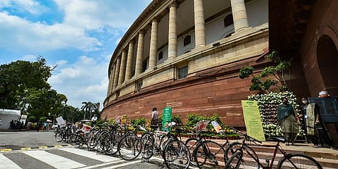 Bicycles parked at the Parliament premises in a symbolic protest demanding roll-back of fuel prices, in New Delhi. (Photo | PTI)