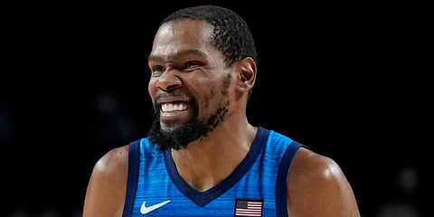 United States' Kevin Durant (7) reacts during men's basketball quarterfinal game against Spain at the 2020 Summer Olympics in Saitama, Japan. (Photo | AP)