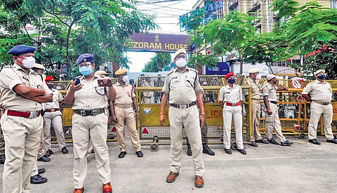 Assam security personnel stand vigil outside Mizoram House after Monday’s inter-state border clash in Guwahati. (File Photo | PTI)