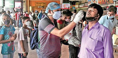 A healthcare worker collects swab samples for Covid-19 testing. (Photo| Parveen Negi)