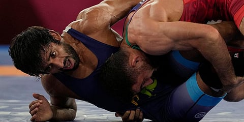 Representative Image: Azerbaijan's Haji Aliyev, right, competes against India's Bajrang Punia during their men's freestyle 65kg wrestling semifinal match at the 2020 Summer Olympics in Chiba, Japan. 
